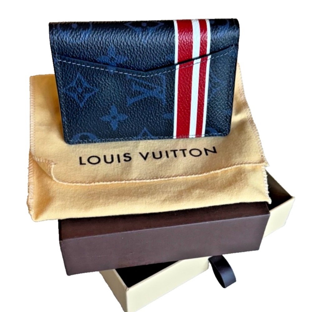 LOUIS VUITTON LV Cobalt Monogram Red/White‎ Stripe Pocket Organizer Personalized